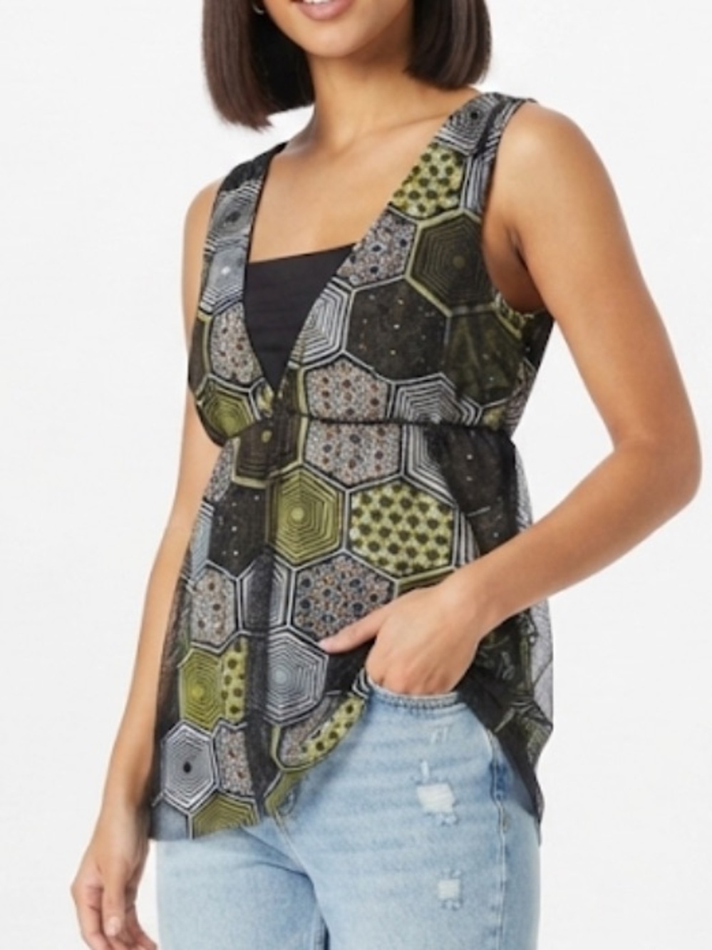Rafaella Y2K Sleeveless V-Neck Tank Top in Black and Olive Size XL